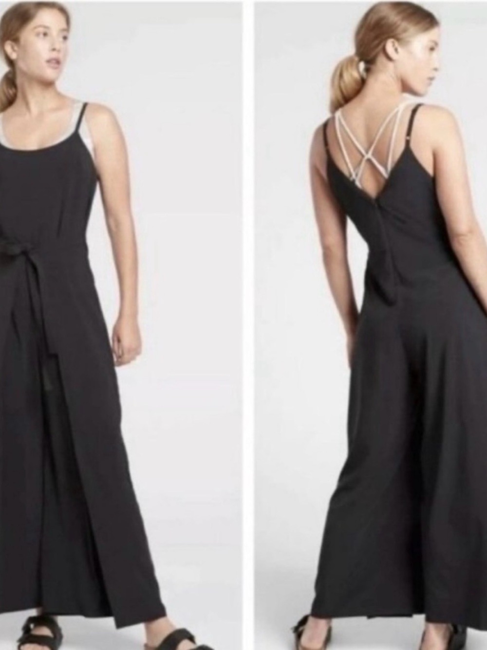 Athleta Black Strappy Wide-Leg Jumpsuit with Tie Waist